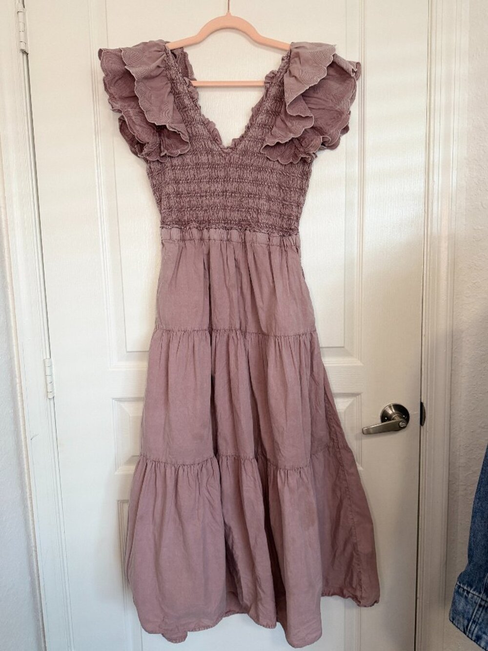 Sea New York Heidi Smocked Midi Dress Mauve Flutter Sleeve-6-MSRP $425